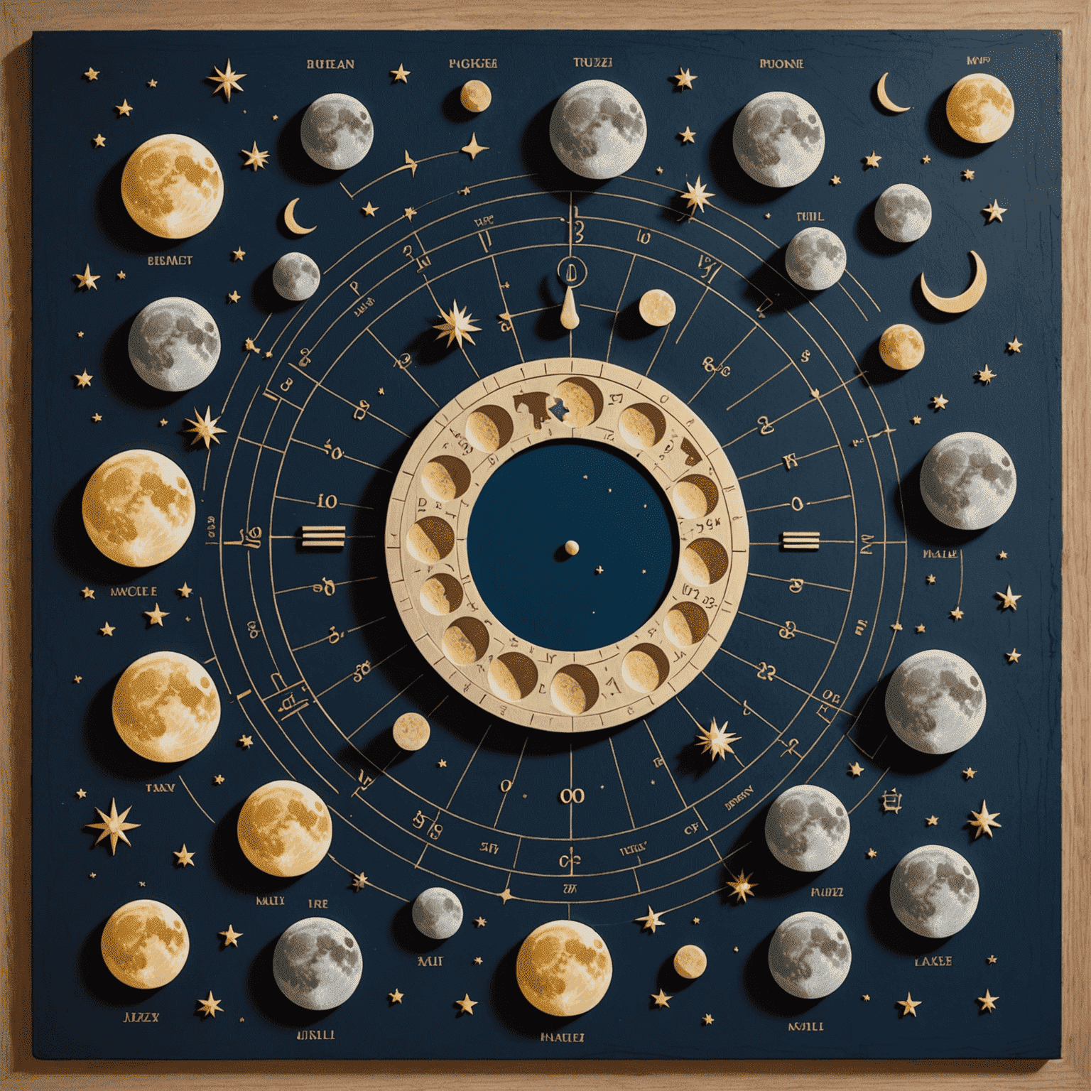 Eine Darstellung der Mondphasen von Neumond bis Vollmond, mit einem Kalender und Entscheidungssymbolen wie Wegweisern oder Puzzleteilen im Vordergrund.